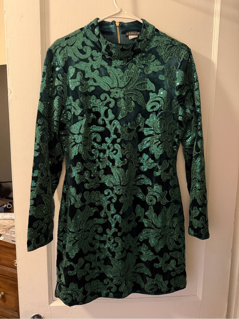 VENUS Emerald Sequin Velvet Long Sleeve Mini Dress